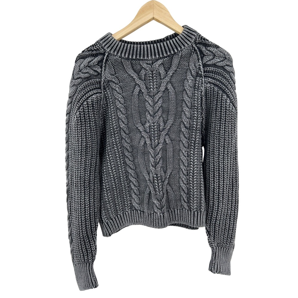 Free People Frankie Cable Knit Sweater Womens XS Onyx Black Cropped Fisherman
